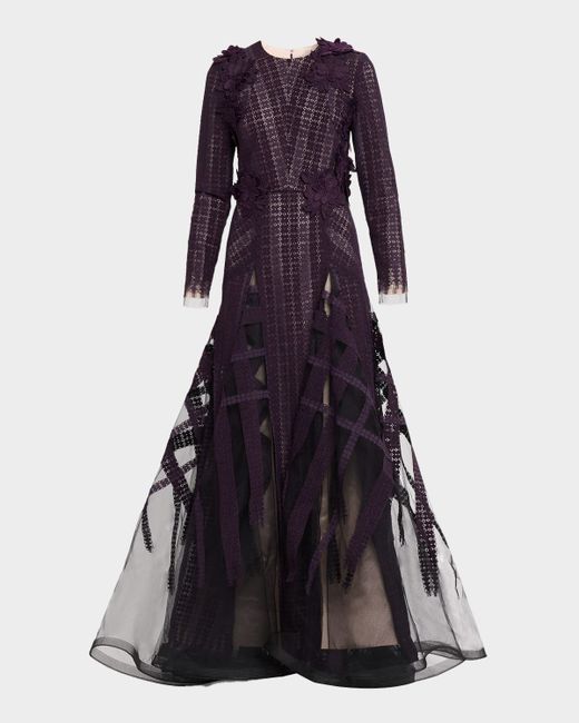 Bibhu Mohapatra Flocked Floral Lace Long-Sleeve Godet Gown Da Women Di Colore Viola