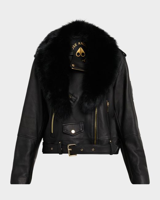 Moose Knuckles Sloan Biker Jacket With Shearling Collar Da Women Di Colore Nero