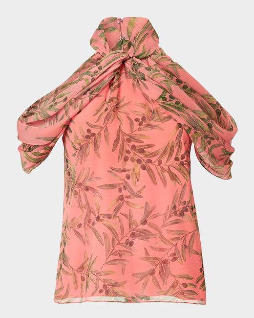 Carolina Herrera Women's Green Olive-Print Draped Cold-Shoulder Chiffon Halter Blouse