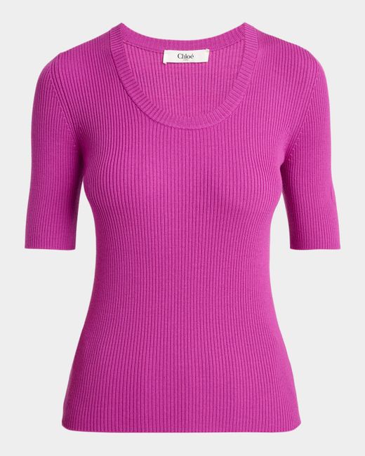 Chloé Short-Sleeve Ribbed Scoop-Neck Sweater Da Women Di Colore Rosa