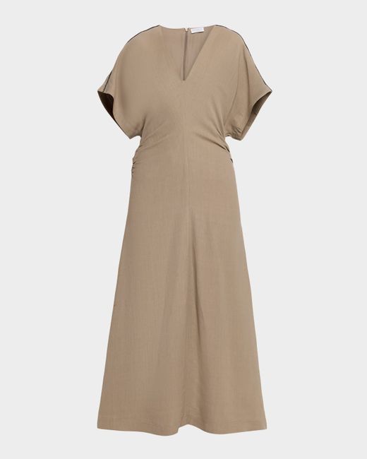 Brunello Cucinelli Monili-Trim Fluid Linen Twill Short-Sleeve Midi Dress Da Women
