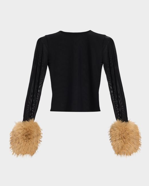 Alice + Olivia Women's Black Delaina Mesh Top With Faux Fur Cuffs