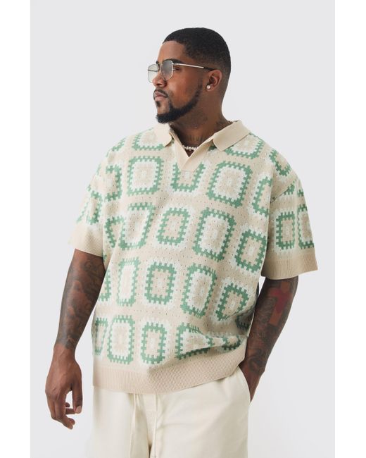 Boohooman Mens Plus Oversized Revere Crochet Polo  Di Colore Verde