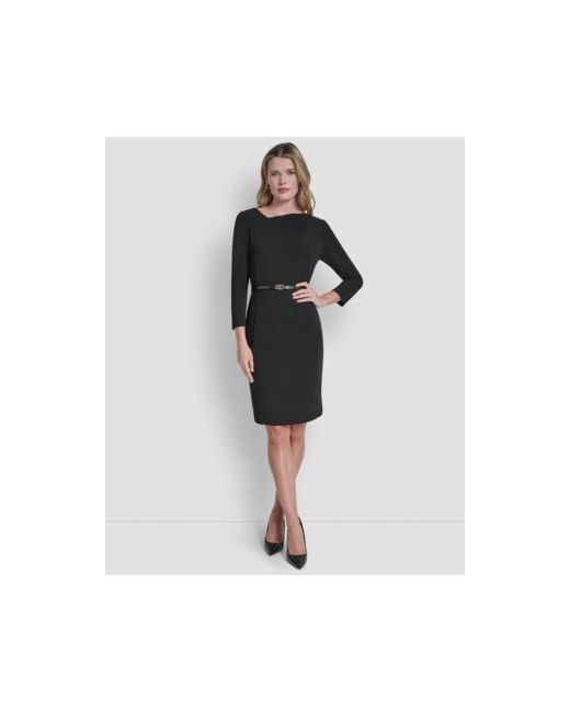 Dkny Women's Black 3 Sleeve Asymmetric Neck Sheath Dress