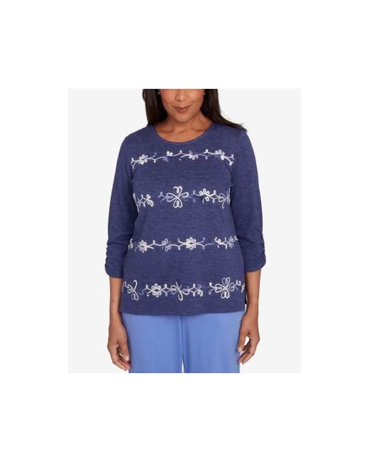 Alfred Dunner Women's  Lake Champlain Embroidered Scroll Ruched Sleeve Top