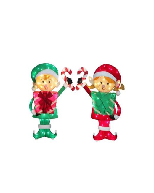 Puleo International  Green Elf Couple With Gift Boxes And Candy Cane Set Of 2 Red