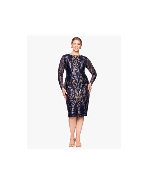 B&A By Betsy And Adam  Dark Blue Plus Sequin Long-Sleeve Midi Dress