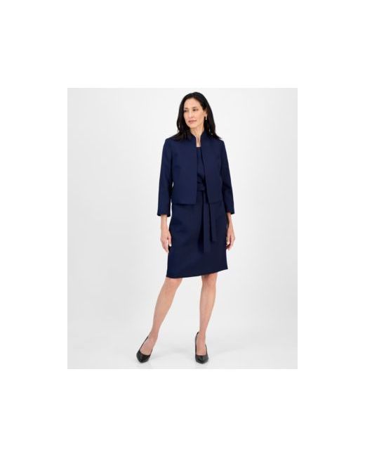 Le Suit Women's Dark Blue 3/-Sleeve Jacket And Belted Sheath Dress Suit Set Regular Petite