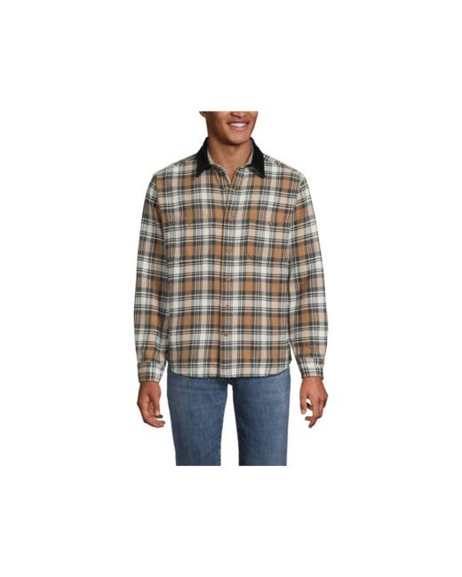 Lands' End Women's Brown Authentic Flannel Shirt With Corduroy Collar Ivory Latte Plaid