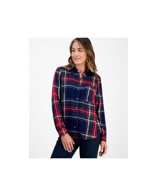 Style & Co Petite Festive Plaid Perfect Long-Sleeve Shirt Exclusive Da Women Di Colore Blu
