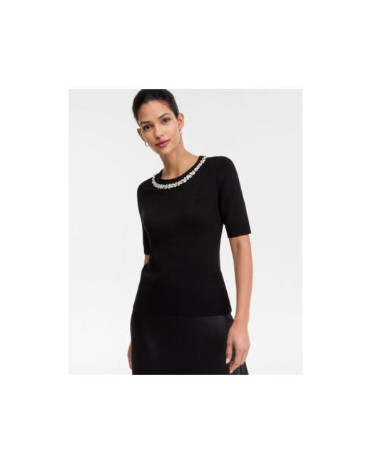I.N.C. International Concepts Women's Black Short-Sleeve Embellished-Neck Sweater Exclusive