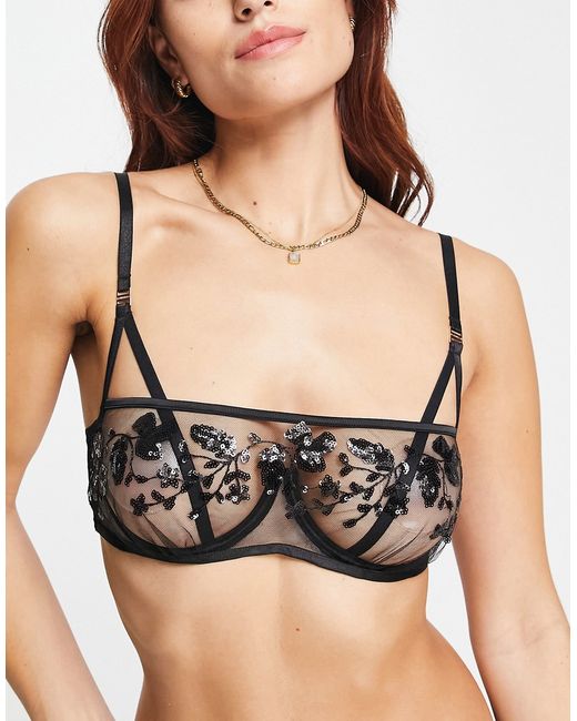 Bluebella Sadie mesh sheer plunge bra with U wire and logo elastic detail  in black - BLACK
