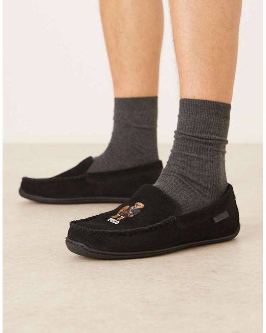Polo Ralph Lauren Men's Black Brenan Suede Slipper With Holiday Bear Logo