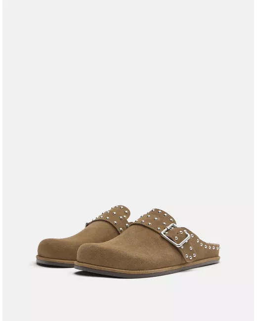 Pull & Bear Women's Multicolor Leather Clogs Sand-