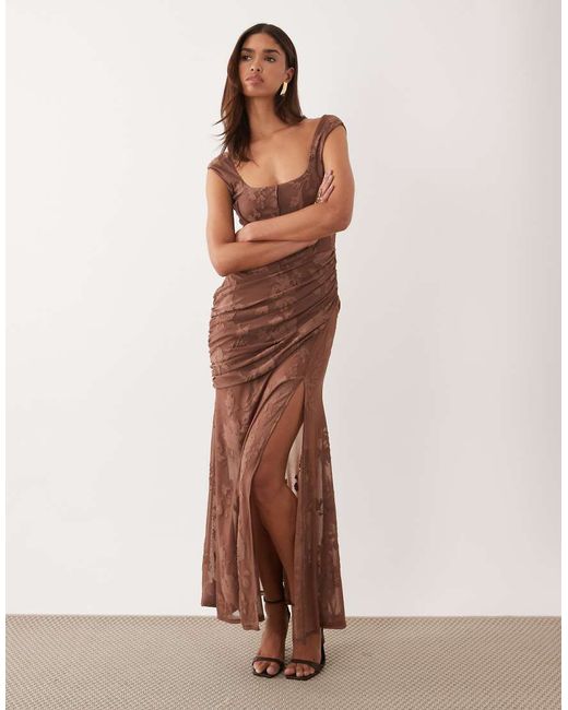 Asos Design Women's Brown Structured Devore Maxi With Seam Detail And Fallen Drape Chocolate-