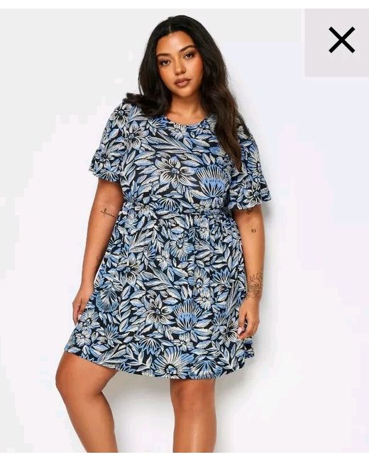 Yours Women's Floral Plus Frill Sleeve Smock Dress Blue 30-32 Sold Out