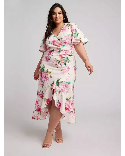 Yours Women's Floral Curve Midi Dress Pink Wrap Stretch Ruched 18 New With Tags