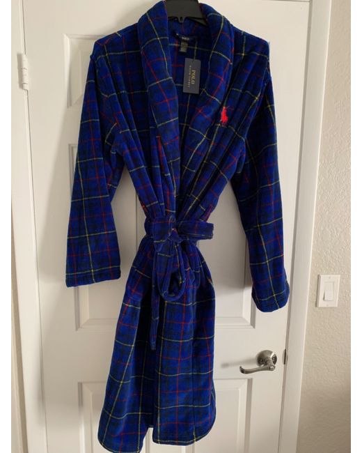 Polo Ralph Lauren Royal Plaid Check Big Pony Dressing Gown Bnwt Medium Da Men Di Colore Blu