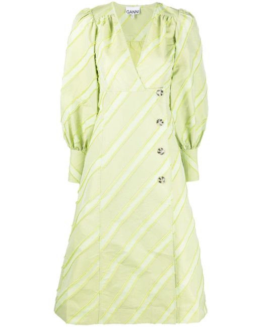 Ganni Women's Green V-Neck Long-Sleeve Dress