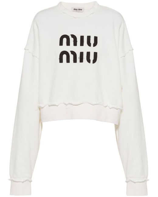 Miu Miu logo-embroidered fleece hoodie - Grey
