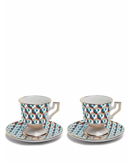 Set of two gold-plated porcelain espresso cups and saucers