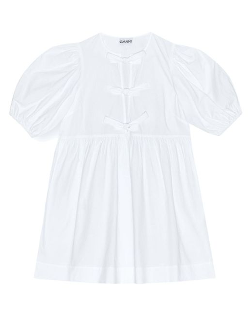Ganni Women's White Cotton Poplin Tie String Mini Dress