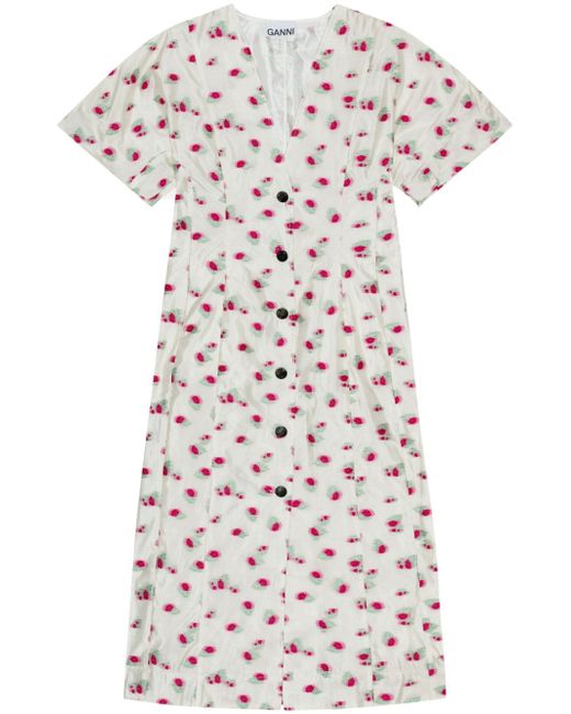 Ganni Women's White Floral-Print Organza Midi Dress
