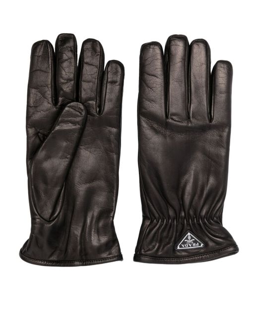 Prada Triangle-Logo Leather Gloves Da Men Di Colore Nero