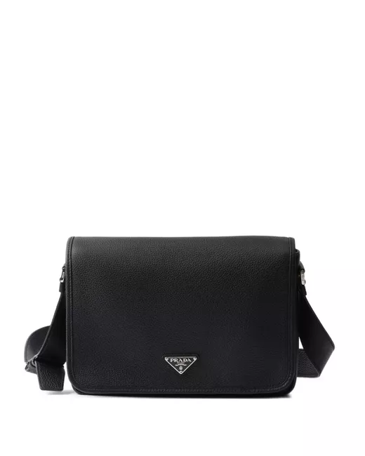 Prada Textured Leather Messenger Bag Da Men Di Colore Nero