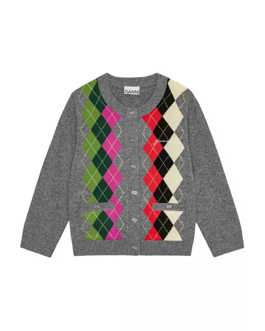 Ganni Women's Gray Argyle-Pattern Cardigan