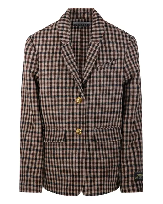 Ganni Women's Brown Gingham Check Buttoned Blazer
