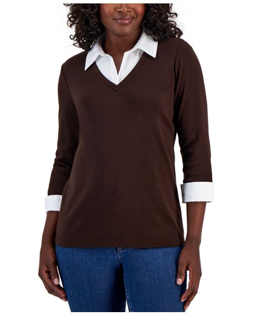Karen Scott Elbow Sleeve Cutout V-Neck Top, Created for Macy's