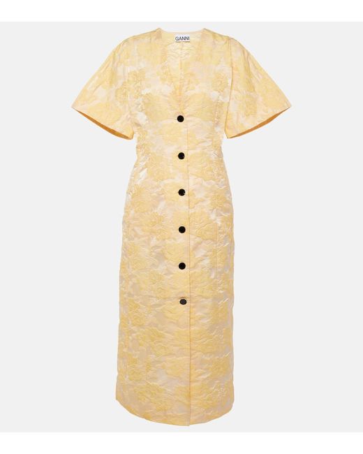 Ganni Women's Yellow Floral Jacquard Shirt Dress