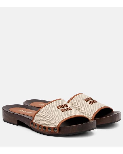 Miu Miu Women's Beige Logo Leather-Trimmed Canvas Clogs