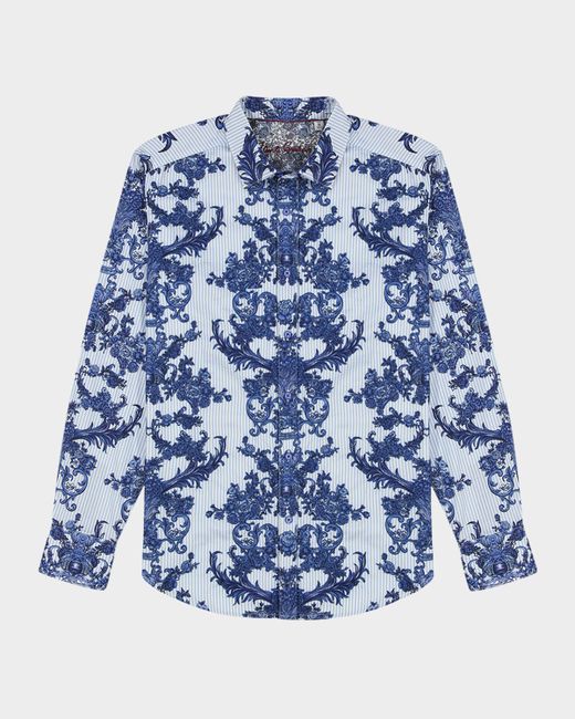 Robert Graham Men's Blue Aposs Bayswater Pinstripe Damask Stretch Sport Shirt
