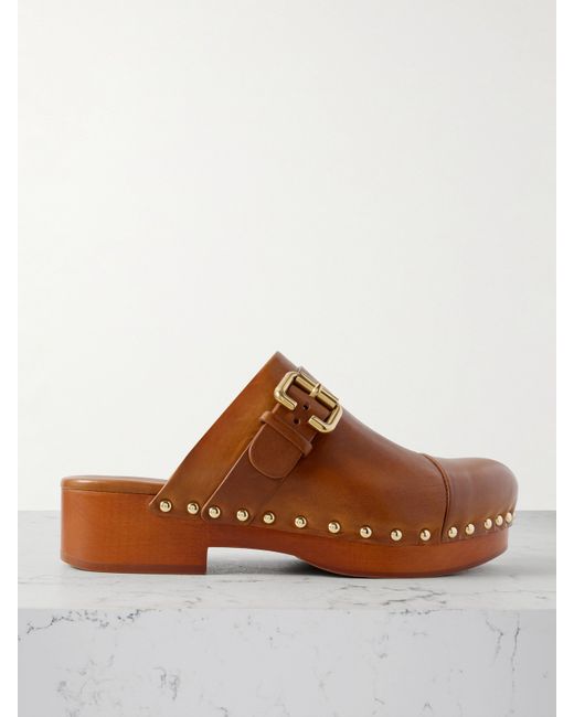 Chloé Women's Brown Jeannette Embellished Leather Clogs Tan