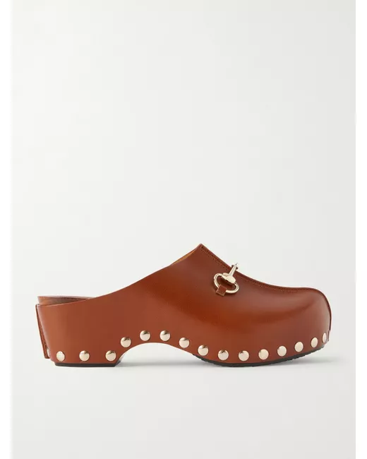 Gucci Women's Brown Embellished Studded Leather Clogs Light