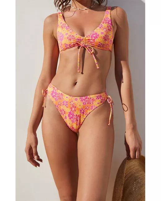 LA Hearts by PacSun Pink Floral Cinched Cropped Bikini Top