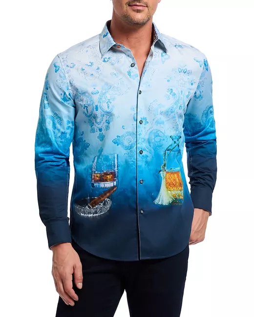 Robert Graham Men's Blue Garrick Club Ombré Stretch Cotton Shirt Small