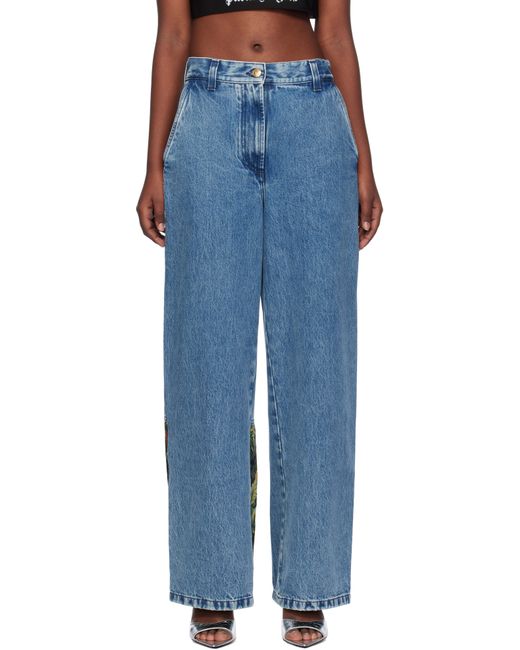 【関税&送料込】Palm Angels Baggy Jeans With Jungle Insert Blue Baggy Palms Wash Pattern Jeans by Palm Angels on Sale