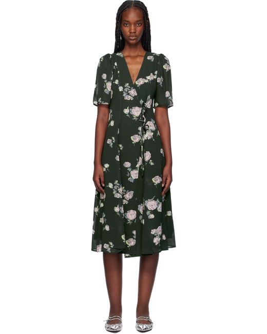 Ganni Women's Floral Black Crepe Wrap Midi Dress