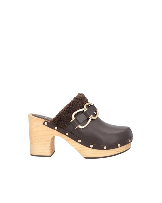 Maje Women's Brown Mules Clogs Cocoa 6 Soft Leather Textile Fibers